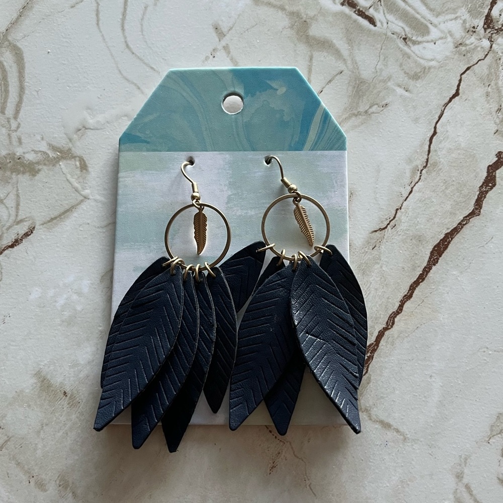Boutique Faux Leather Leaf Stamp Tassel Earrings in Navy Blue